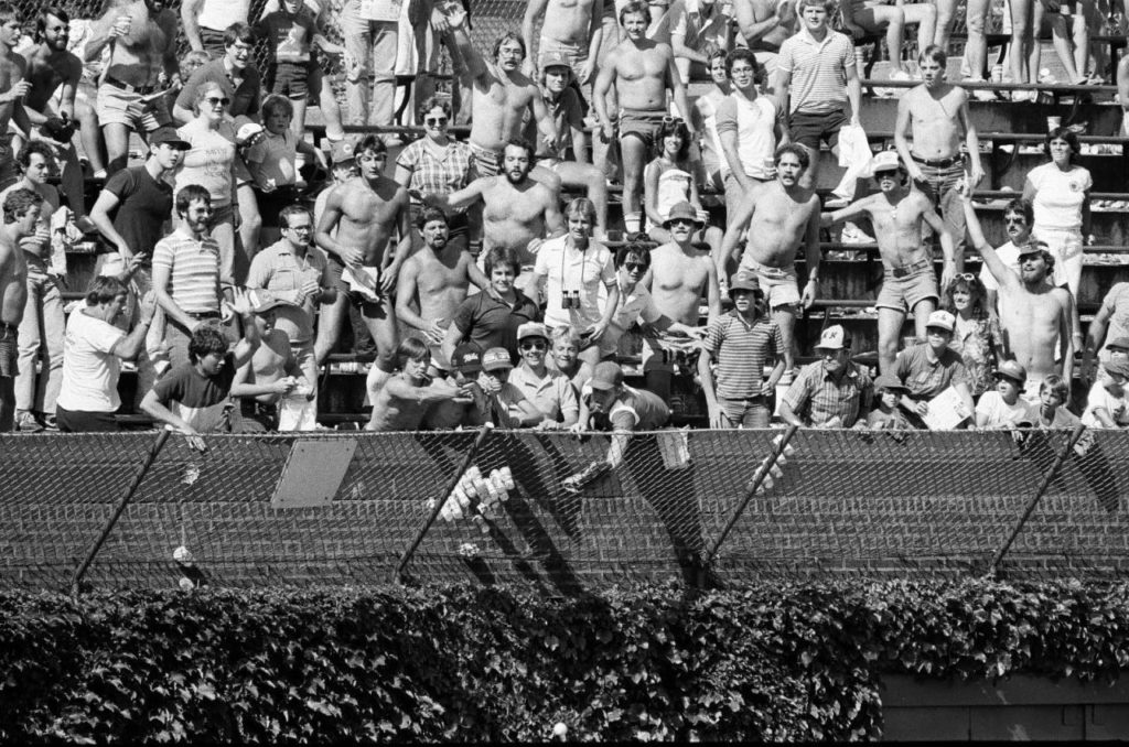 Wrigley Field bleachers 1970 - fans with "the basket"